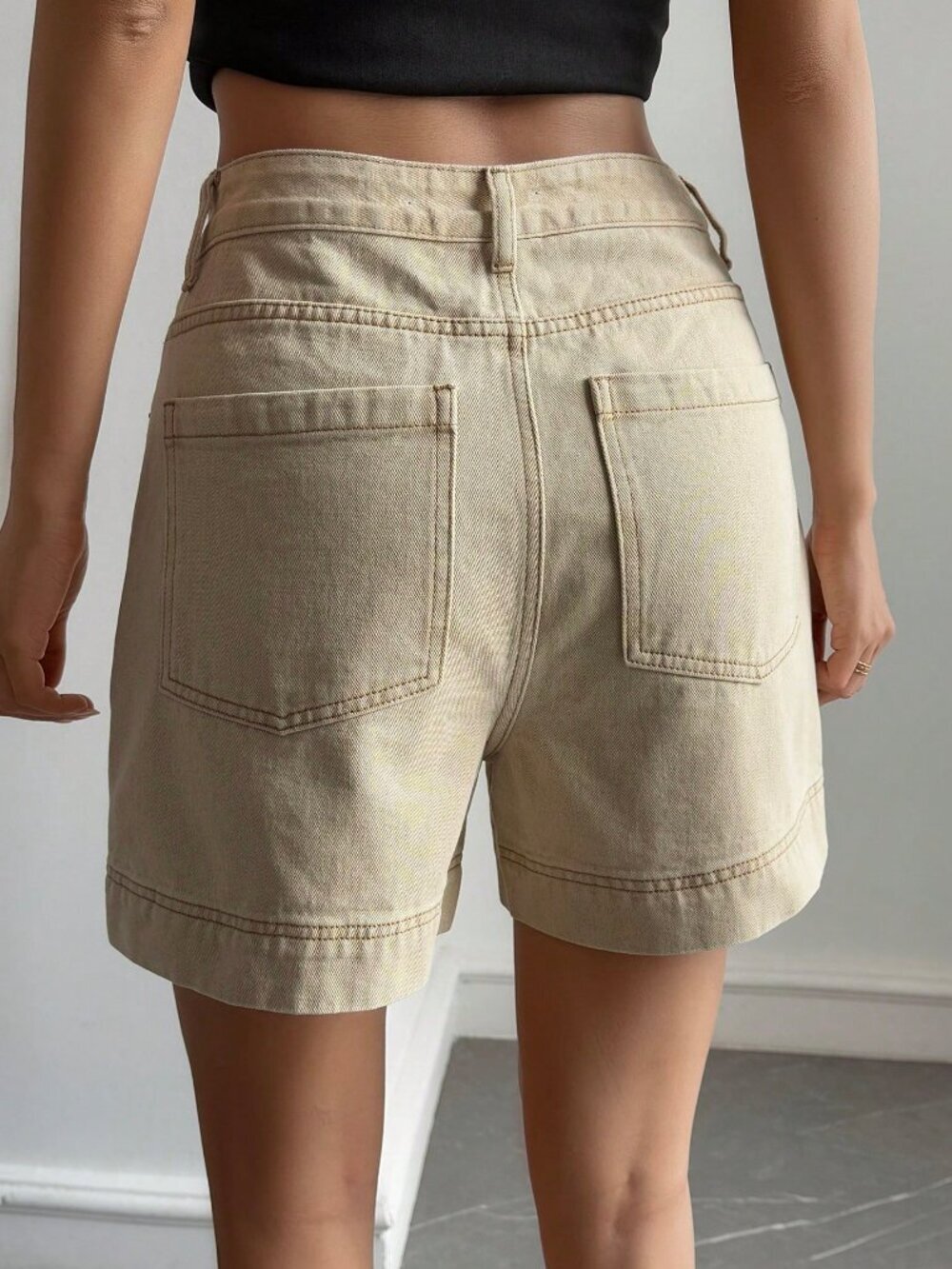 Khaki Casual Women's High Waist Denim Jorts - Picture 2 of 7